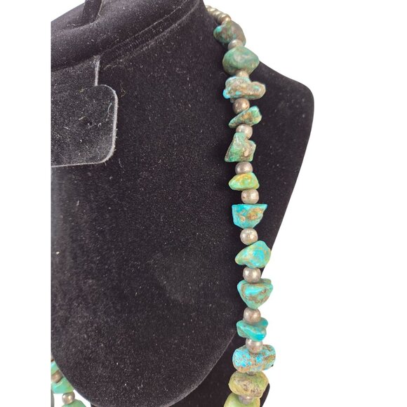 Vintage Turquoise Silver Nugget Beaded Necklace Chunky Rustic Boho Slip On 92gr - Picture 4 of 10